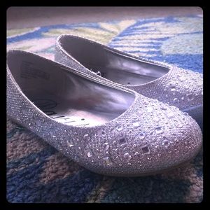Girls slip on sparkly rhinestone silver flats